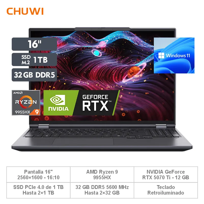[LPCHR9] LAPTOP GAMEBOOK - RYZEN 9 9955HX - RTX 5070 Ti 12 GB-CHUWI